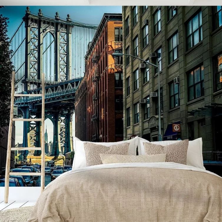 Studio slaapkamer met behang van straat in New York