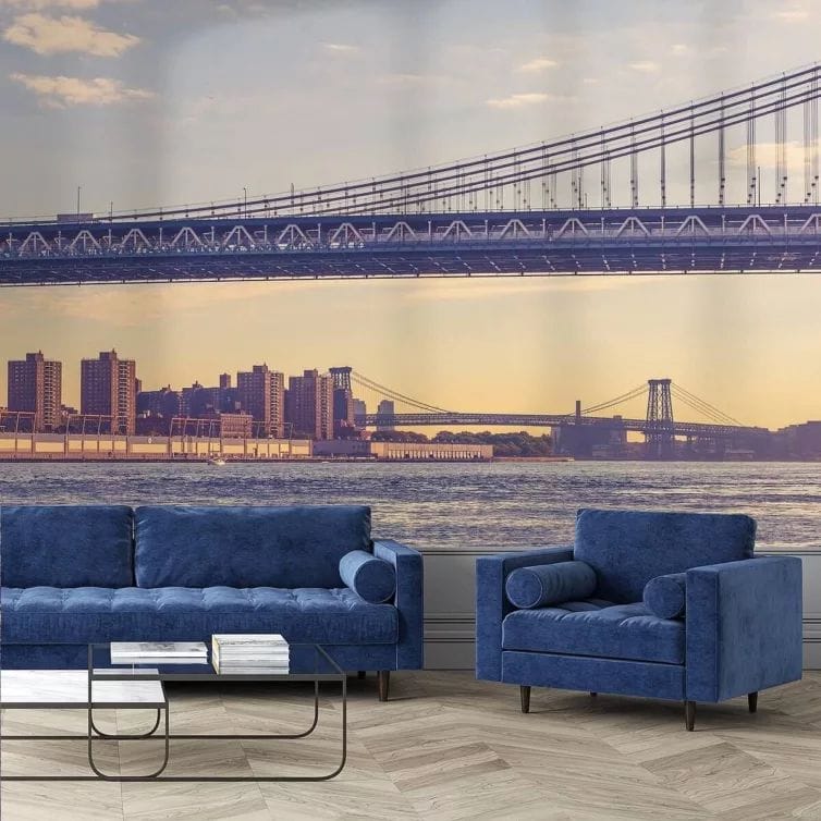 Fotobehang naadloos van de bruggen in Brooklyn New York in woonkamer met blauwe bank