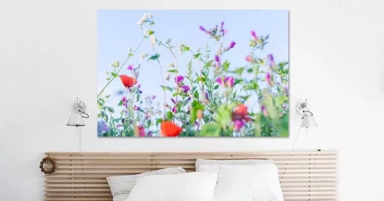 Fotoprint op plexiglas van wilde zomer bloemen boven houten bed